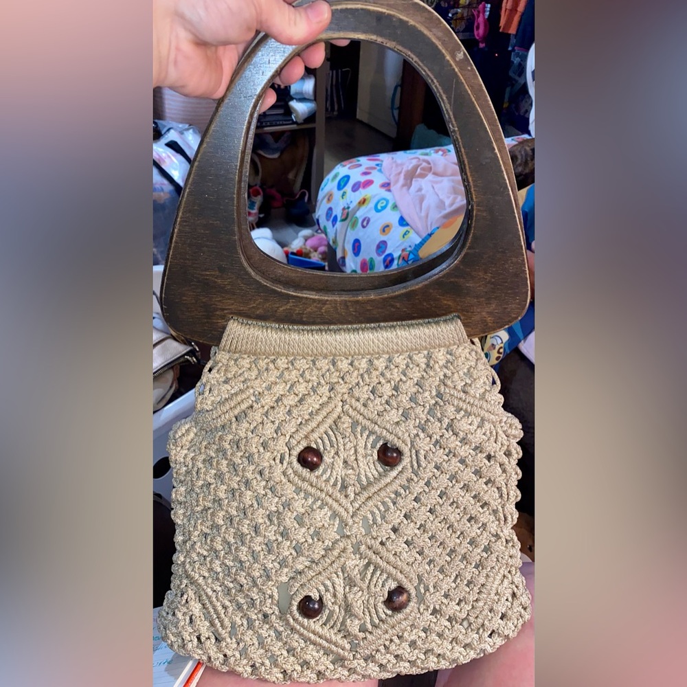 Vintage Macrame Crochet Handbag Purse Ivory Wood Handle 1970's Boho Festival